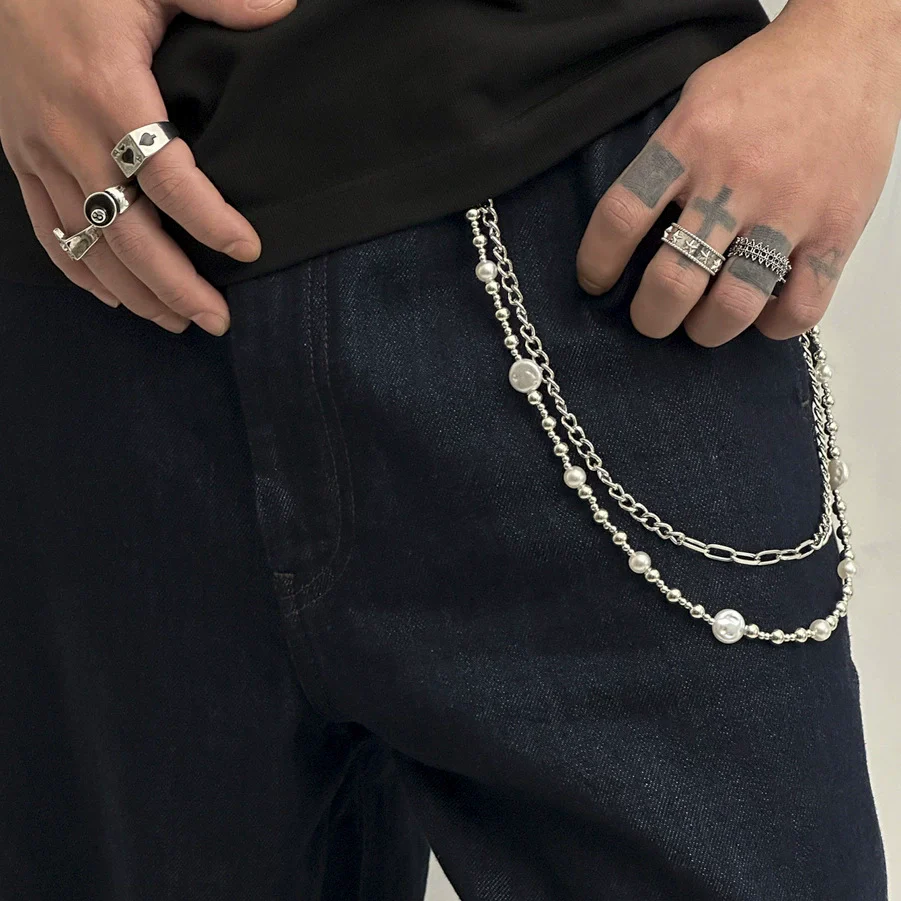 Men's Hiphop Metal Pants Chain Waist Accessories With Pearl Stitching - Image 3