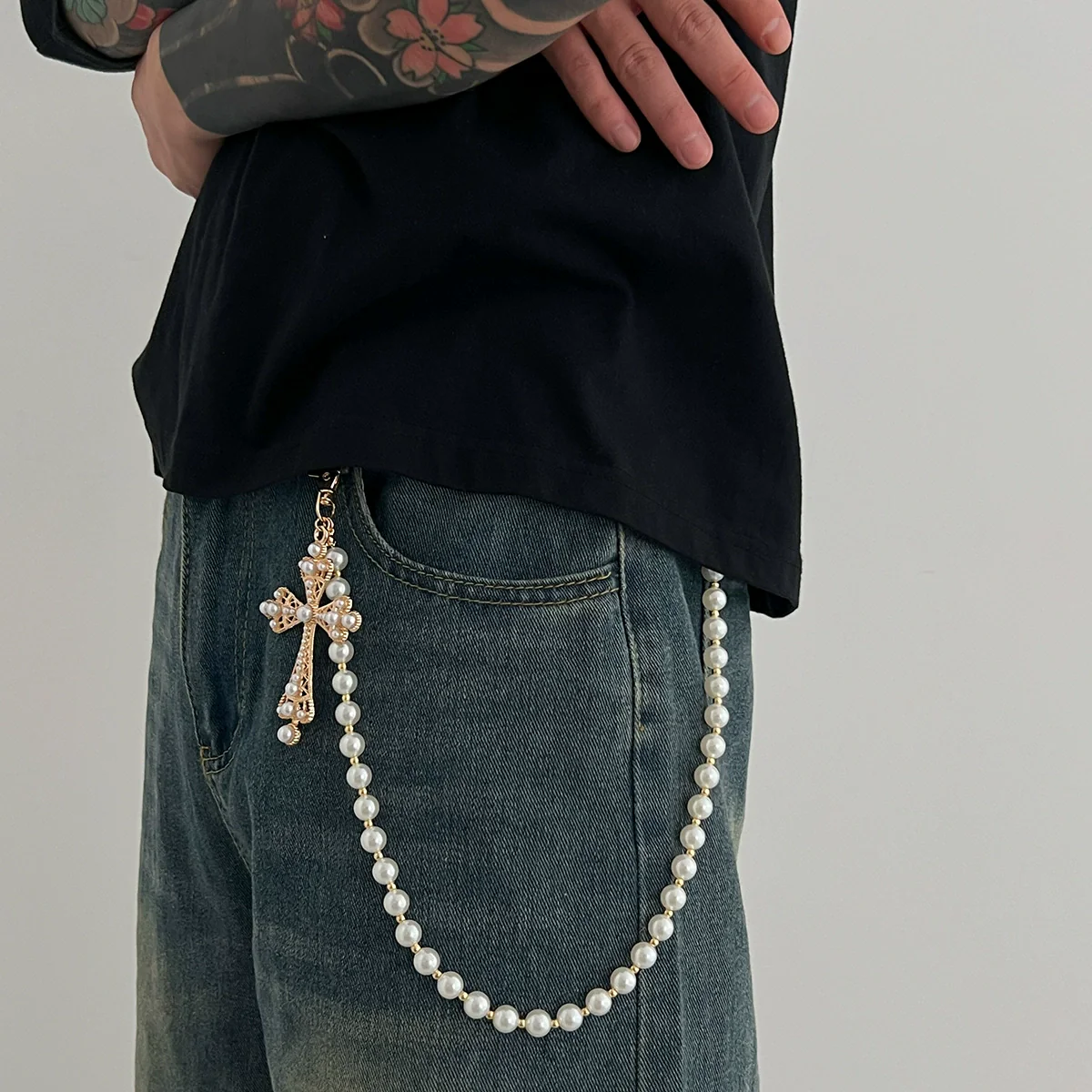 Men's Hiphop Metal Pearl Pants Chain With Cross Pendant Accessories - Image 2
