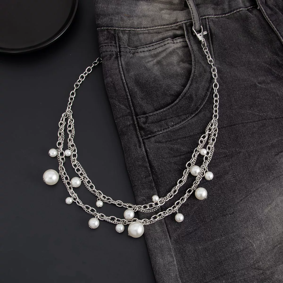 Men's Hiphop Metal Pearl Splicing Jeans Pendant Pants Chain Accessories - Image 4