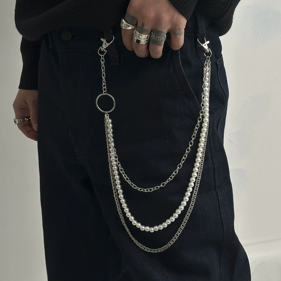 Men's Hiphop Niche Jeans Waist Chain Metal Pearl Stitching Cowboy Style High Street Accessories