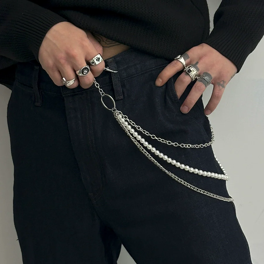 Men's Hiphop Niche Jeans Waist Chain Metal Pearl Stitching Cowboy Style High Street Accessories - Image 3