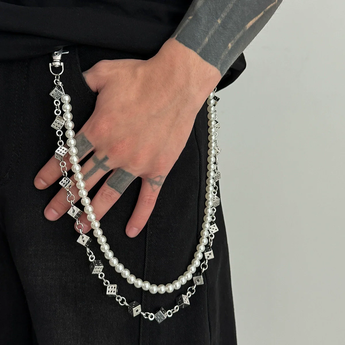 Men's Hiphop Retro Dice Splicing Metal Pearl Pants Chain Pendant