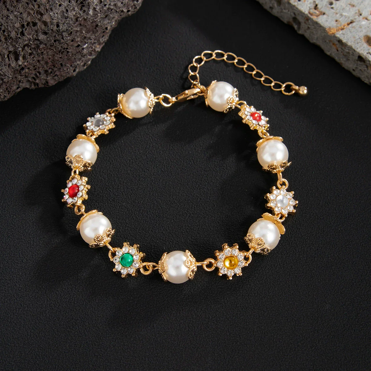 Men's Hiphop Style Alloy Handmade Flower Pearl Bracelet - Image 4