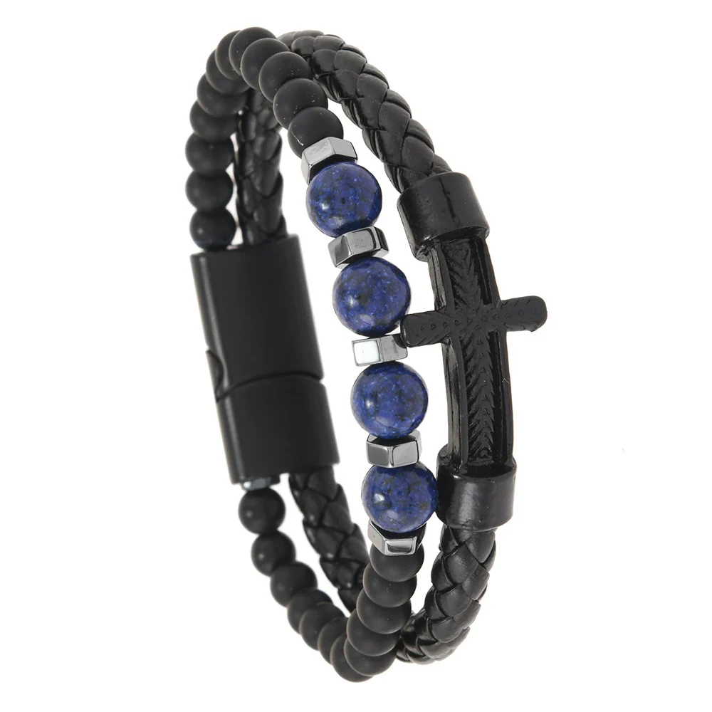 Men's Leather Braided Punk Style Bracelet With Zinc Alloy And Natural Stone Beads And Cross Geometric Pattern - Image 5
