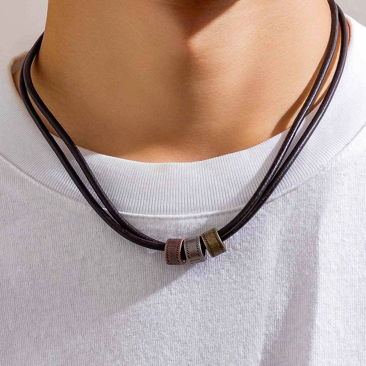 Men's Leather Geometric Knotted Ring Necklace Handmade Alloy Pendant Regular Chain Hip Hop Niche High Grade Beaded Clavicle Chain Accessories - Image 3