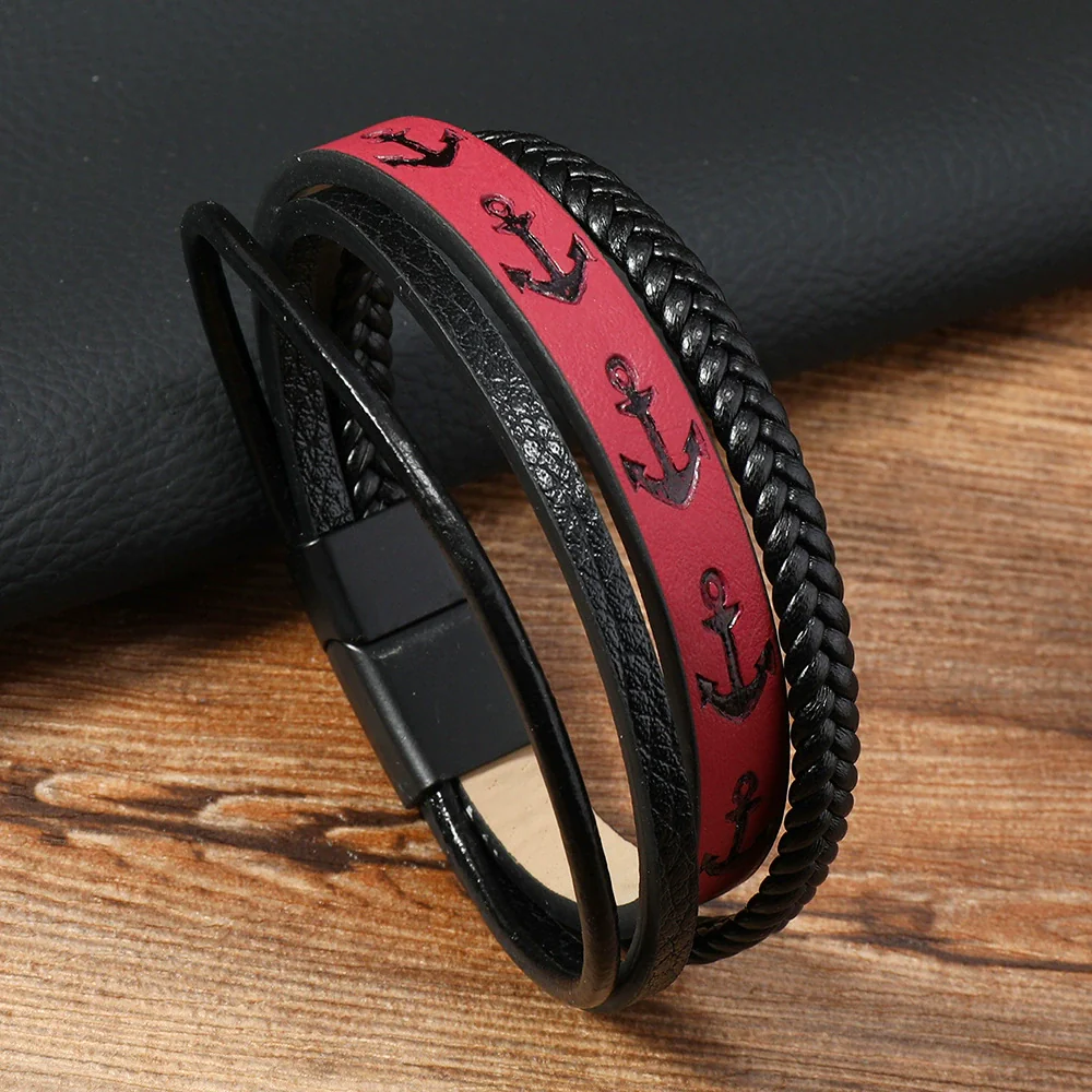 Men's Leather Ship Anchor Bracelet Handwoven Geometric Simple Style - Image 3