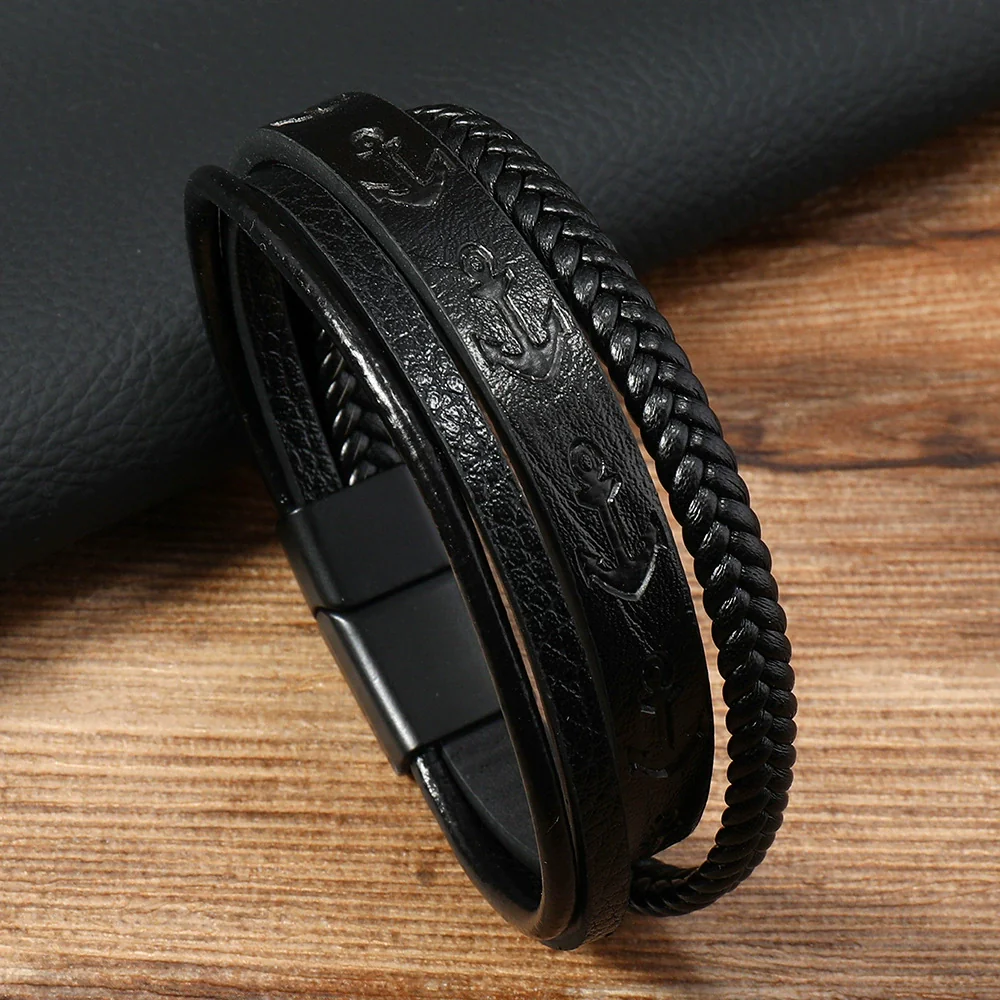 Men's Leather Ship Anchor Bracelet Handwoven Geometric Simple Style - Image 6