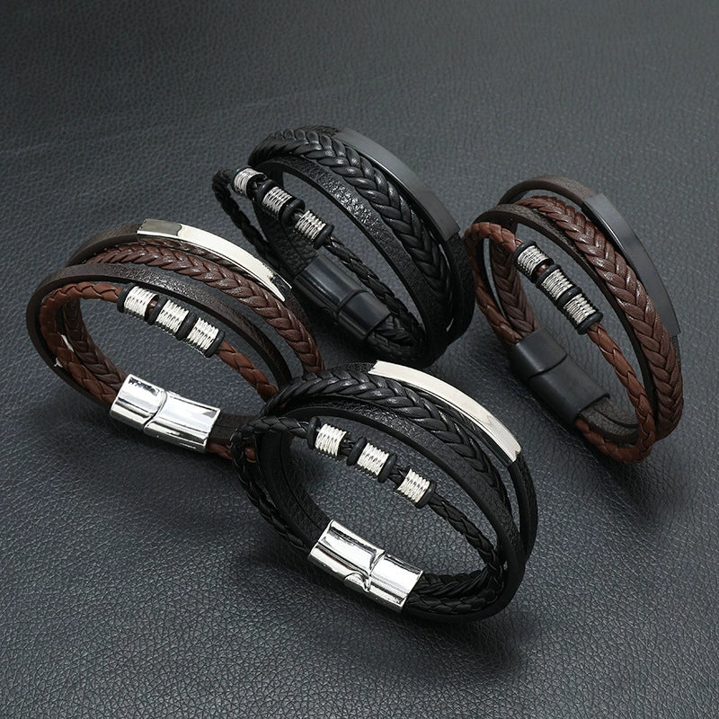 Men's Leather Woven Bracelet With Alloy Magnet Buckle Retro Geometric Handmade Style