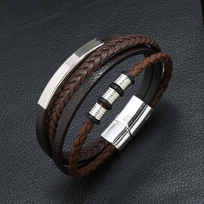 Men's Leather Woven Bracelet With Alloy Magnet Buckle Retro Geometric Handmade Style - Image 3