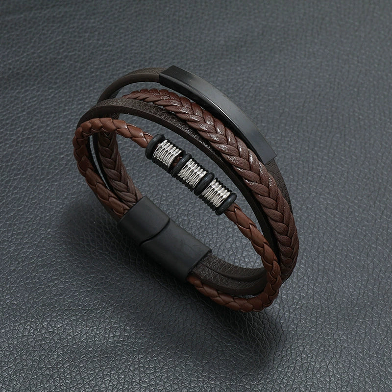 Men's Leather Woven Bracelet With Alloy Magnet Buckle Retro Geometric Handmade Style - Image 4