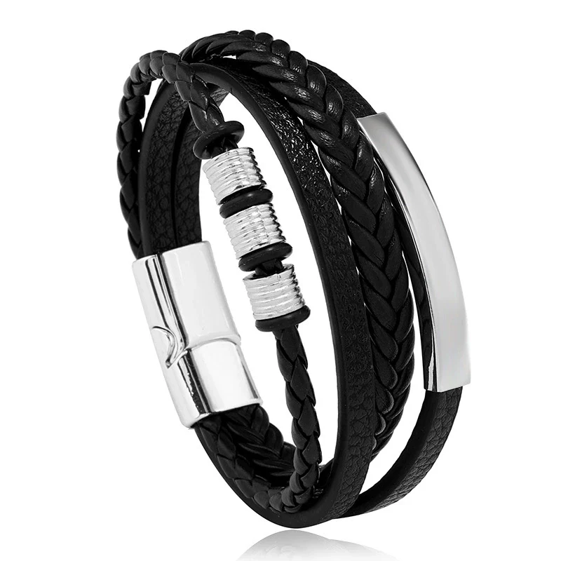 Men's Leather Woven Bracelet With Alloy Magnet Buckle Retro Geometric Handmade Style - Image 5