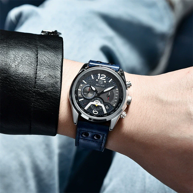 Men's Metal And Genuine Leather Fashion Sports Multifunction Chronograph Calendar Quartz Watch With Round Dial - Image 2