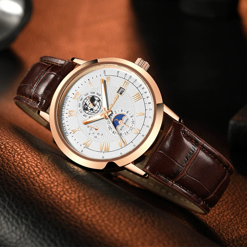 Men's Metal And Pu Quartz Watch With Round Dial Business Style - Image 2