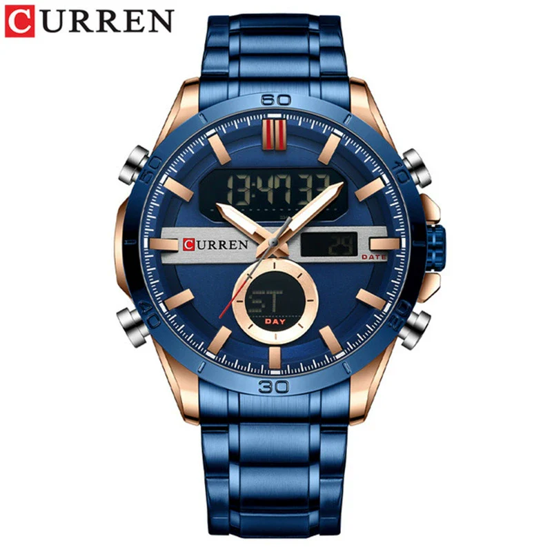 Men's Multifunction Dualdisplay Luminous Calendar Week Watch Metal Case Stainless Steel Band Round Dial Business Style