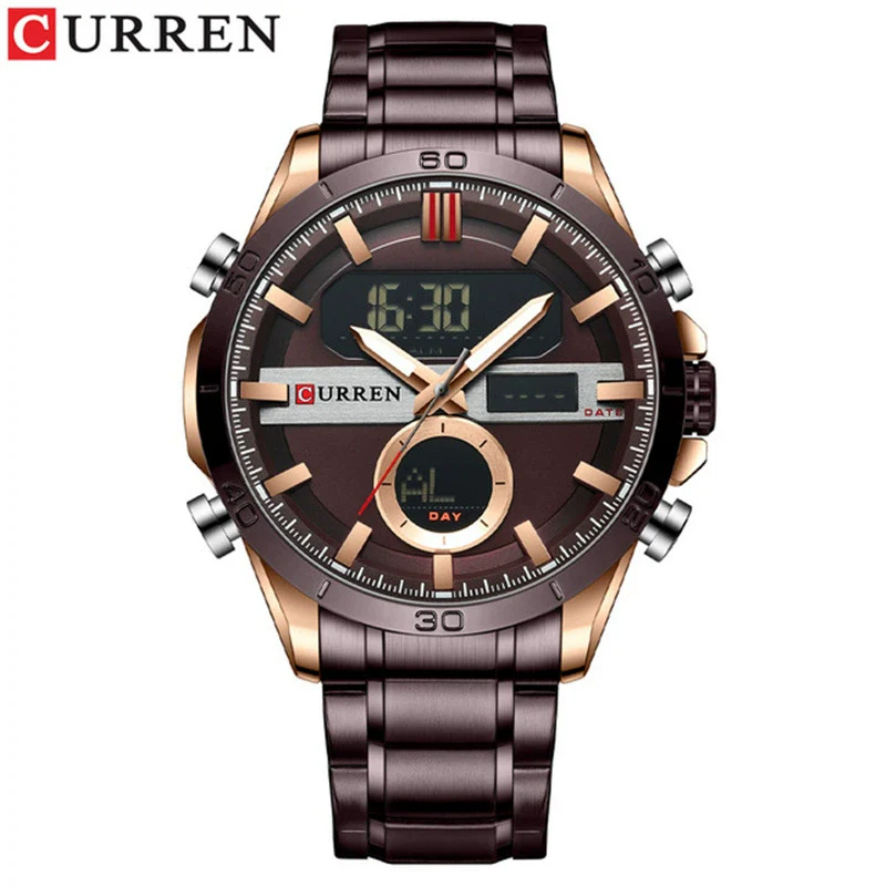 Men's Multifunction Dualdisplay Luminous Calendar Week Watch Metal Case Stainless Steel Band Round Dial Business Style - Image 2