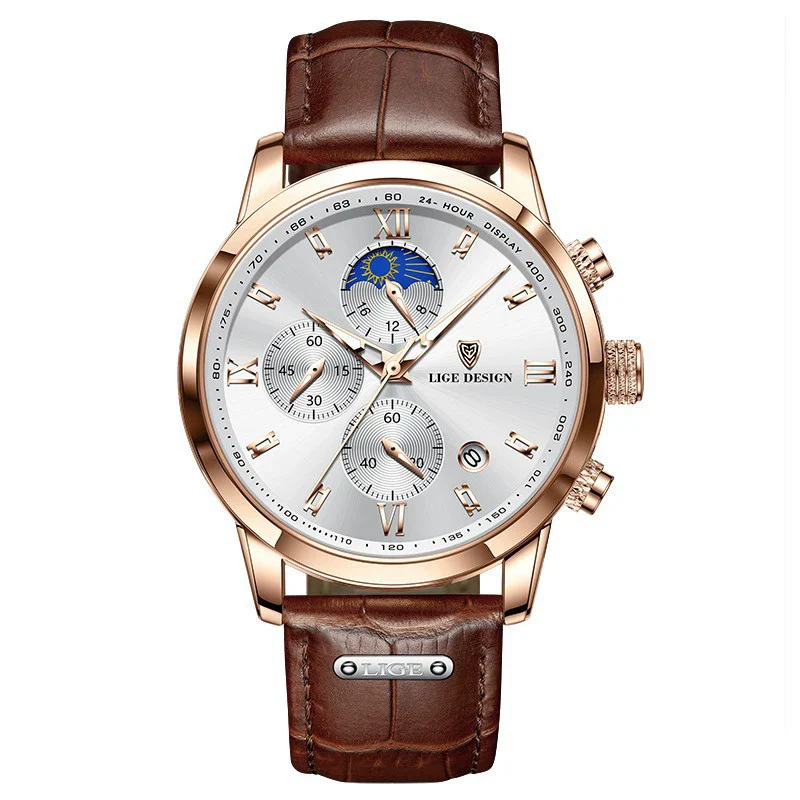Men's Multifunctional Chronograph Quartz Watch Alloy Case Genuine Leather Strap Round Dial Leisure Style - Image 6