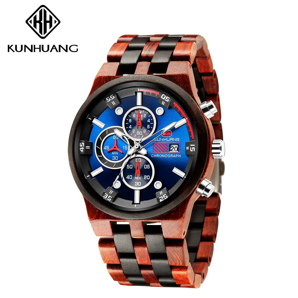 Men's Multifunctional Sports Wooden Watch Round Dial Leisure Style Plexiglass Mirror Stainless Steel Clasp Wood Strap - Image 7