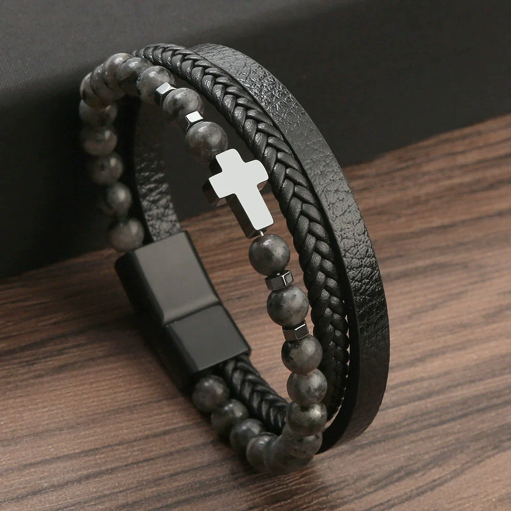 Men's Natural Stone Stainless Steel Geometric Handmade Magnetic Bracelet - Image 10
