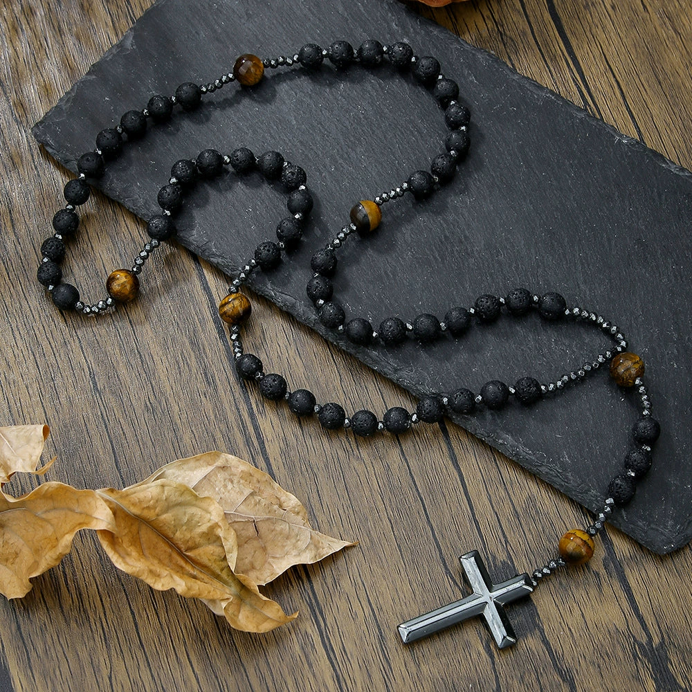 Men's Necklace Religious Cross Pendant Alloy Tiger Eye Stone Handmade Cotton Thread Jewelry