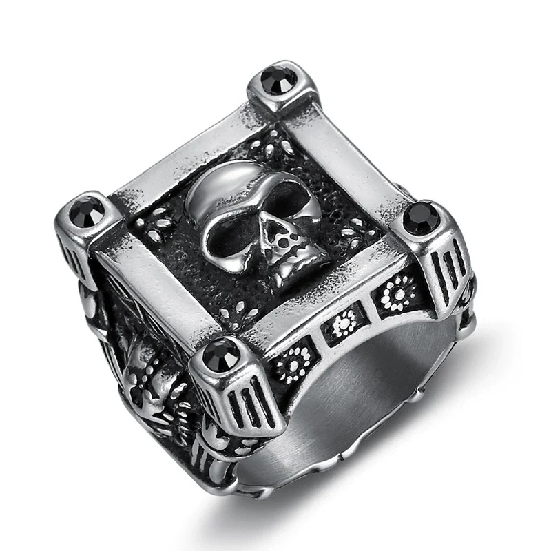 Men's Punk Skull Retro Gothic Stainless Steel Drop Shape Rock Ring Seiko Crafted
