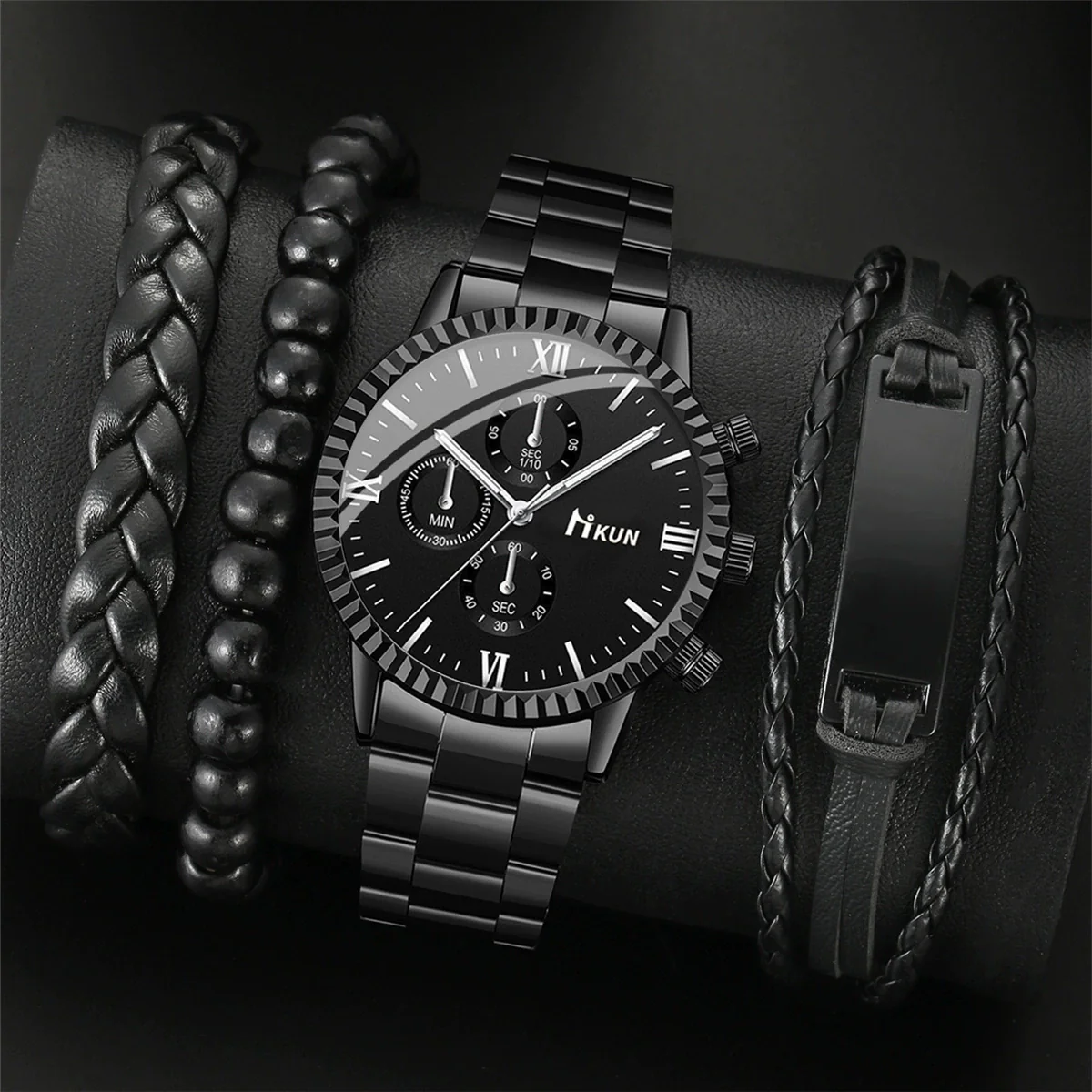 Men's Quartz Watch Alloy Case Stainless Steel Strap Round Dial Sporty Fashion Casual Bracelet Set
