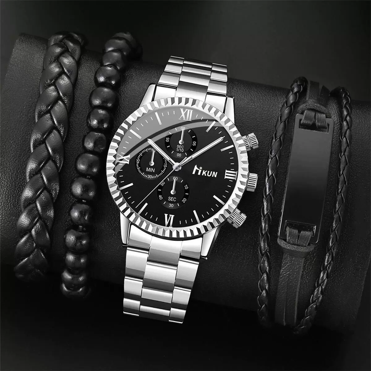 Men's Quartz Watch Alloy Case Stainless Steel Strap Round Dial Sporty Fashion Casual Bracelet Set - Image 9