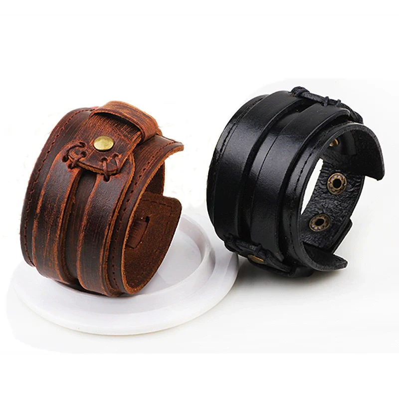 Men's Retro Leather Wide Bracelet With Geometric Pattern And Rub Ancient Polishing