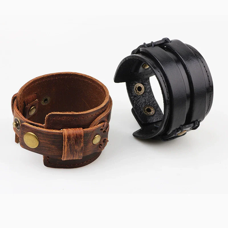 Men's Retro Leather Wide Bracelet With Geometric Pattern And Rub Ancient Polishing - Image 4