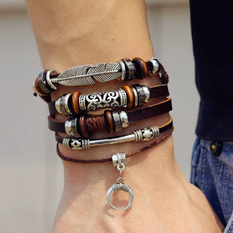 Men's Retro Natural Geometric Braided Artificial Leather Feather Hook Beaded Bracelet