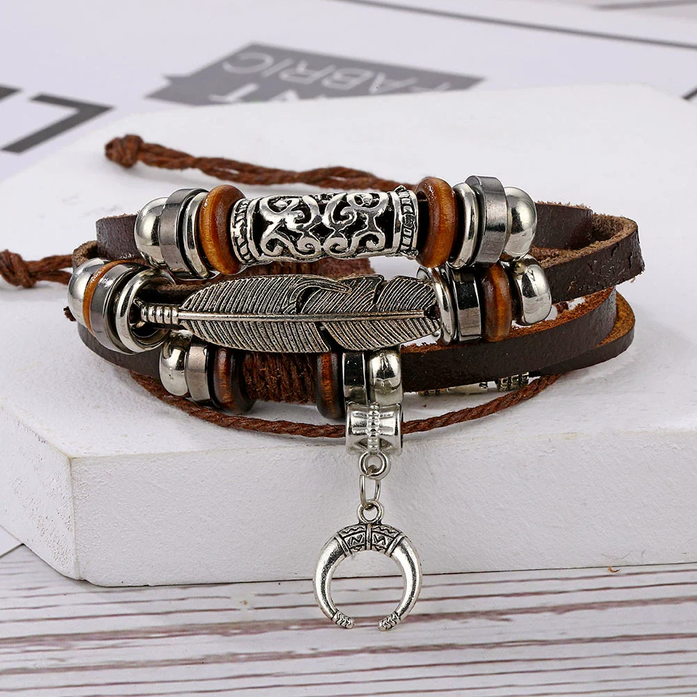 Men's Retro Natural Geometric Braided Artificial Leather Feather Hook Beaded Bracelet - Image 3