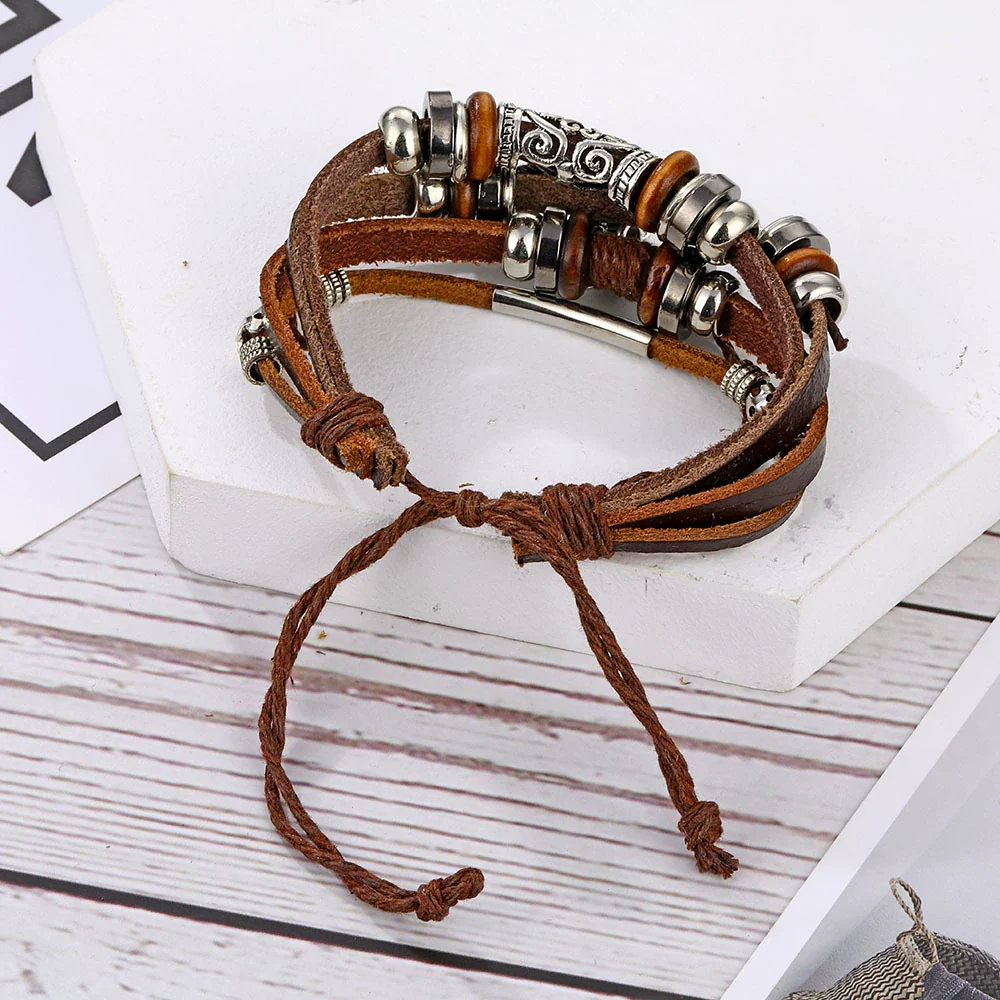 Men's Retro Natural Geometric Braided Artificial Leather Feather Hook Beaded Bracelet - Image 4