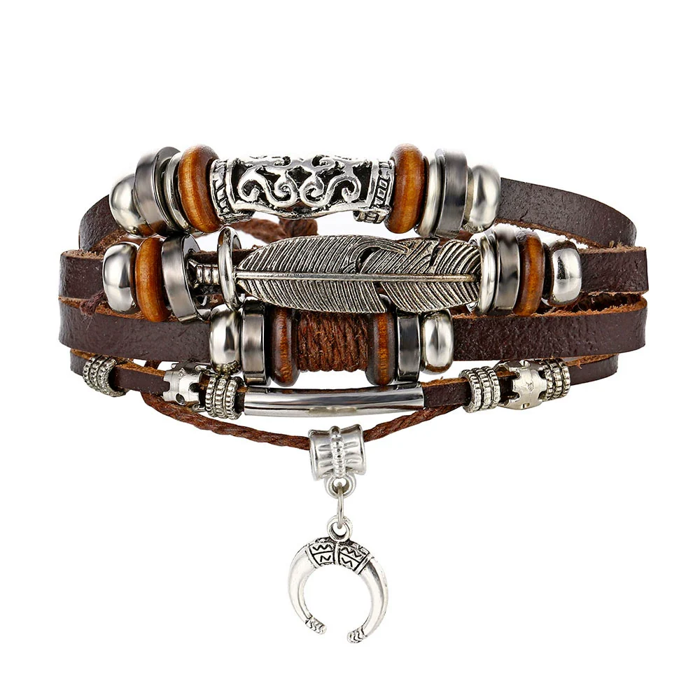 Men's Retro Natural Geometric Braided Artificial Leather Feather Hook Beaded Bracelet - Image 6