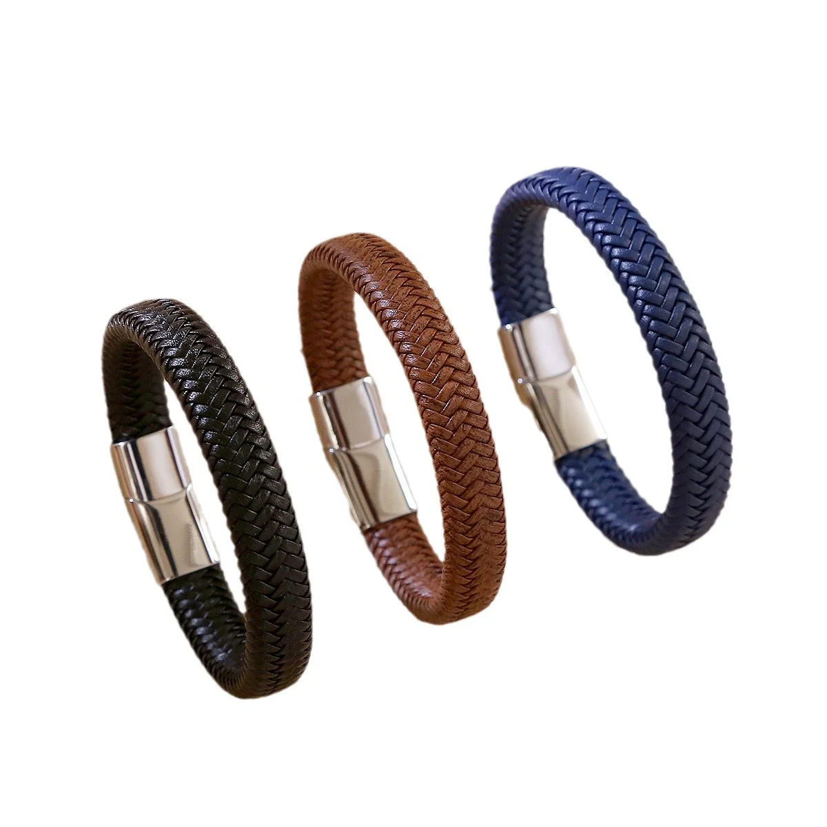 Men's Simple Versatile Leather Handmade Geometric Bracelet With Stainless Steel Magnetic Buckle - Image 5