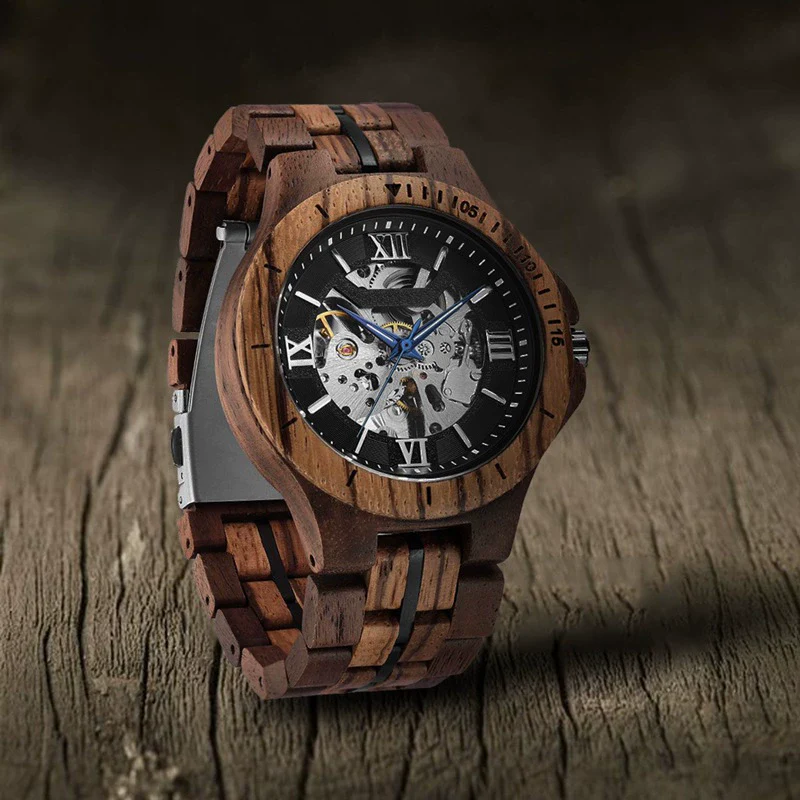 Men's Solid Wood Automatic Mechanical Leisure Round Watch With Hollowout Bottom - Image 2