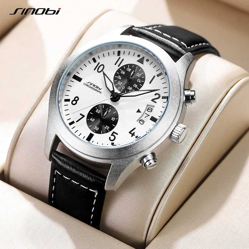 Men's Sport Genuine Leather Alloy Case Mineral Reinforced Glass Mirror Round Dial Waterproof Multifunctional Quartz Watch