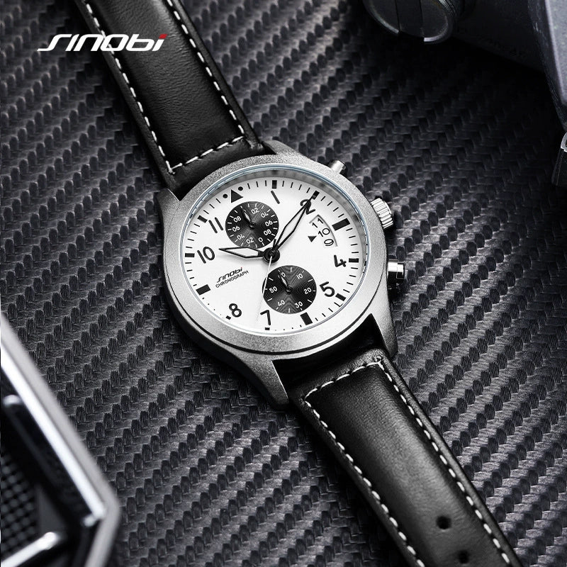 Men's Sport Genuine Leather Alloy Case Mineral Reinforced Glass Mirror Round Dial Waterproof Multifunctional Quartz Watch - Image 3