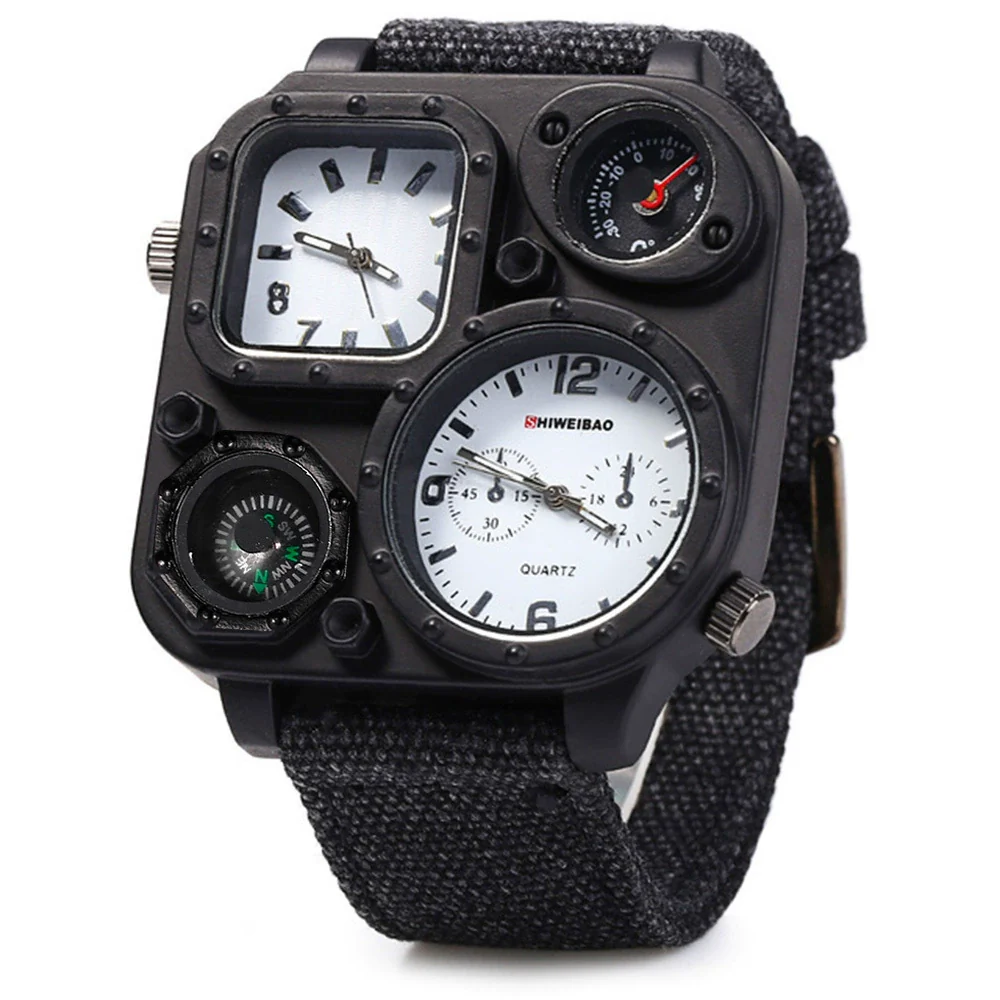 Men's Sports Denim Quartz Watch With Multitime Zone Square Dial Stainless Steel Case And Clasp Textile Strap - Image 5