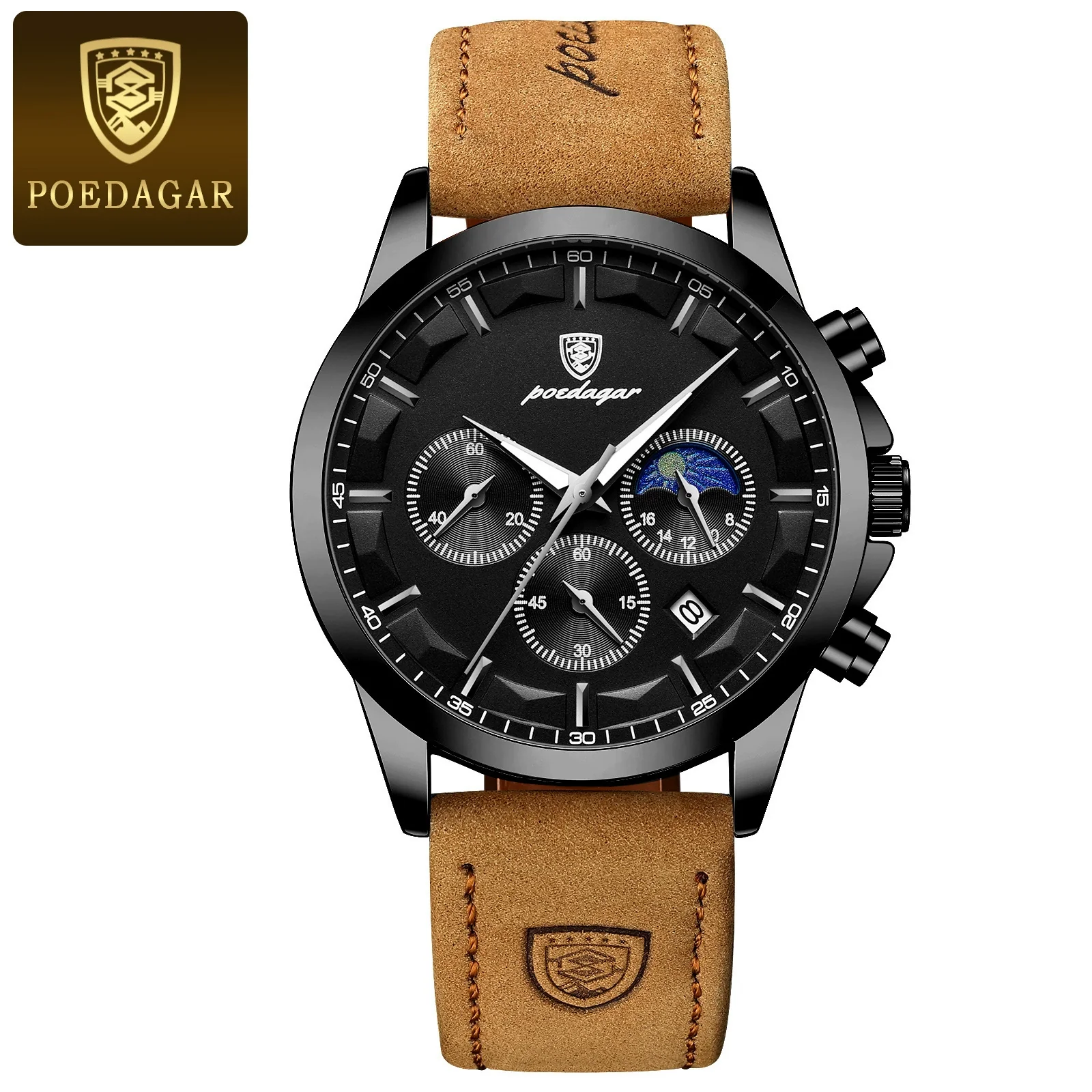 Men's Sports Watch Alloy Case Genuine Leather Strap Round Dial Waterproof Quartz - Image 5