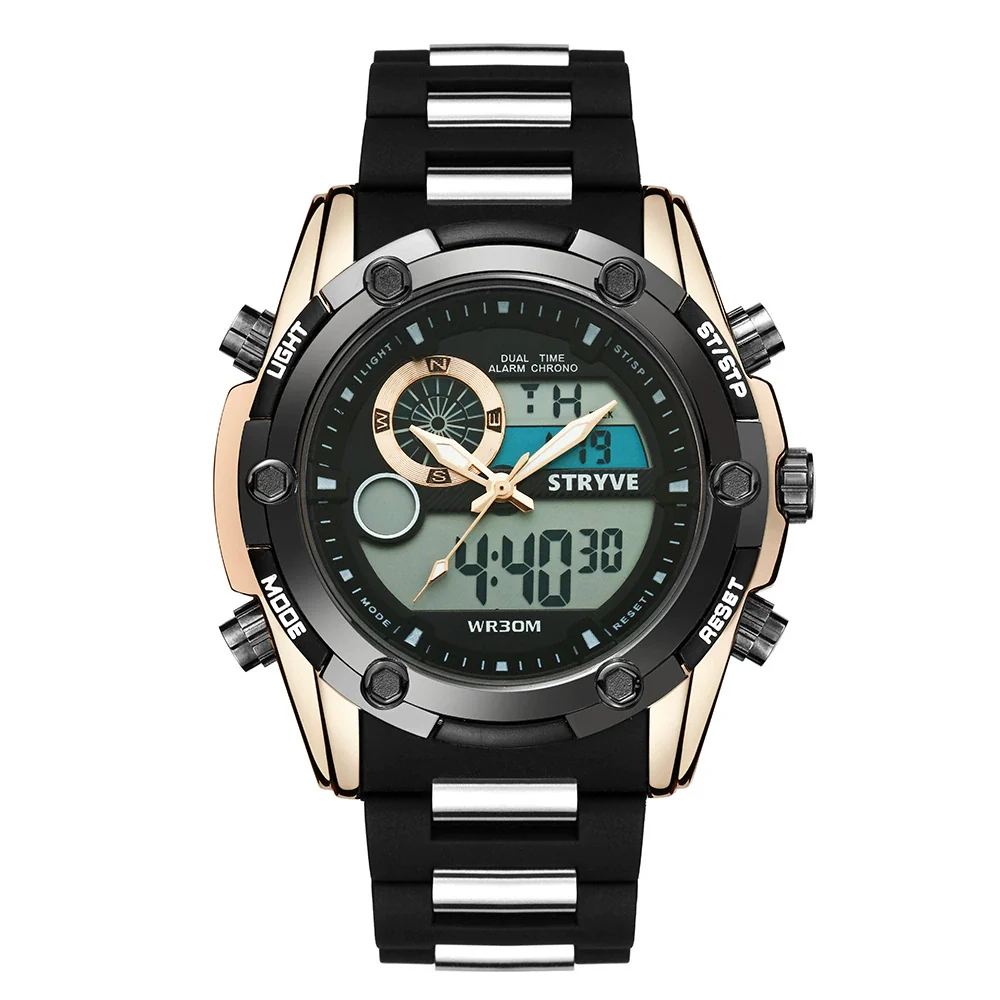 Men's Sports Watch Metal Case Mineral Strengthened Glass Mirror Silicone Metal Strap Round Dial Waterproof Multifunction Dual Display