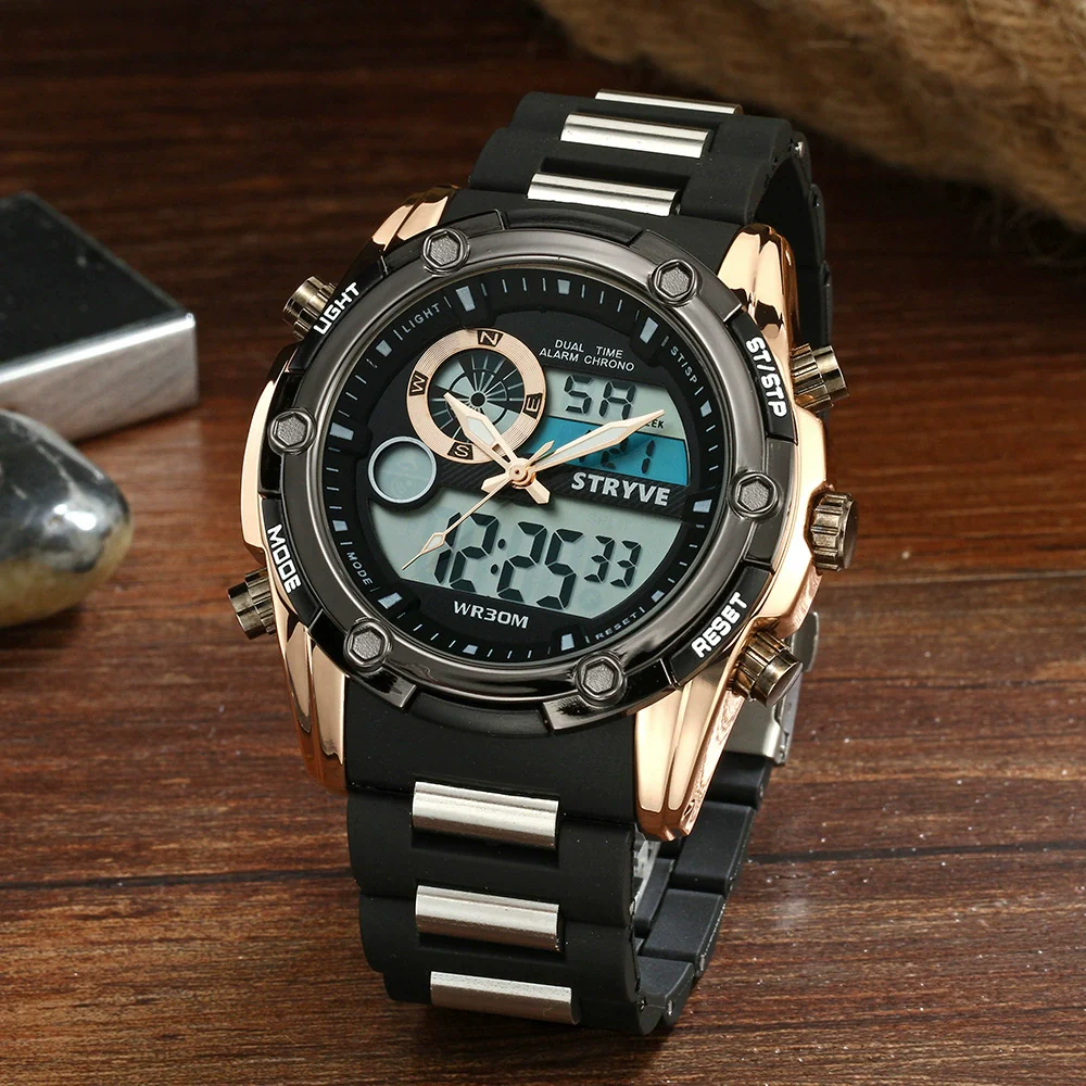 Men's Sports Watch Metal Case Mineral Strengthened Glass Mirror Silicone Metal Strap Round Dial Waterproof Multifunction Dual Display - Image 3