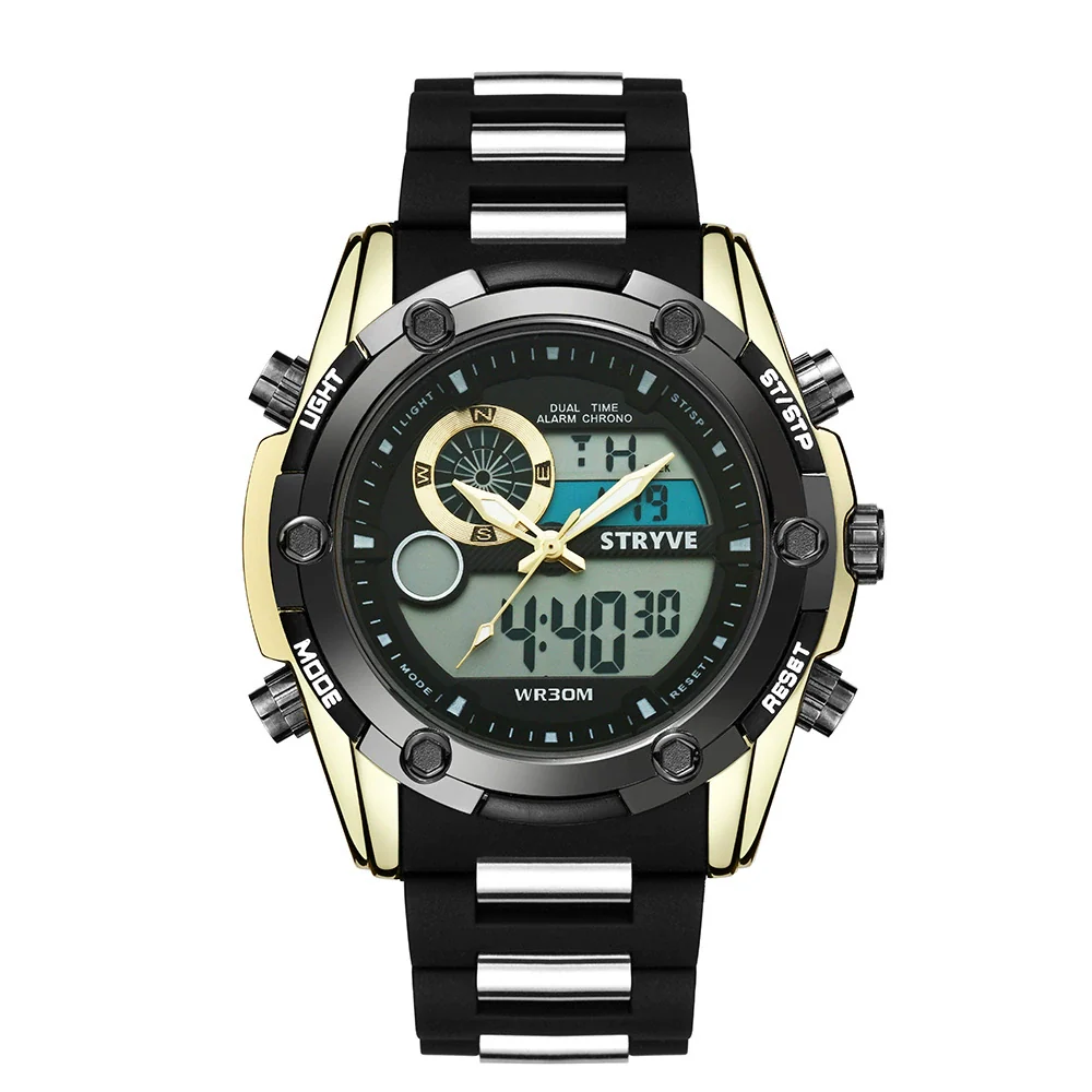 Men's Sports Watch Metal Case Mineral Strengthened Glass Mirror Silicone Metal Strap Round Dial Waterproof Multifunction Dual Display - Image 5