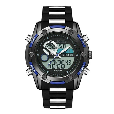 Men's Sports Watch Metal Case Mineral Strengthened Glass Mirror Silicone Metal Strap Round Dial Waterproof Multifunction Dual Display - Image 6