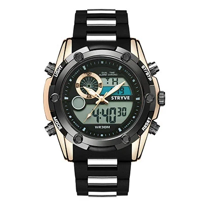 Men's Sports Watch Metal Case Mineral Strengthened Glass Mirror Silicone Metal Strap Round Dial Waterproof Multifunction Dual Display - Image 9
