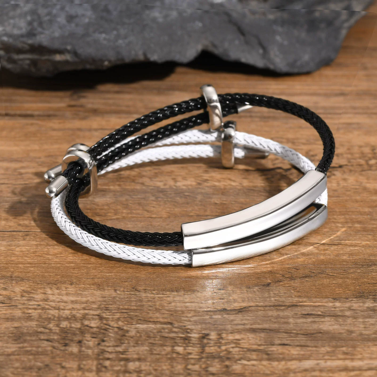 Men's Stainless Steel Black Wire Rope Adjustable Bracelet - Image 2