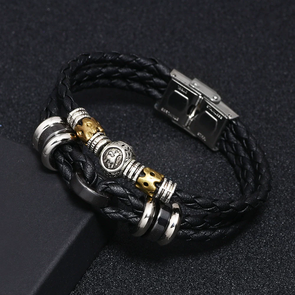 Men's Stainless Steel Buckle Cowhide Rope Woven Twelve Constellation Handmade Bracelet - Image 2