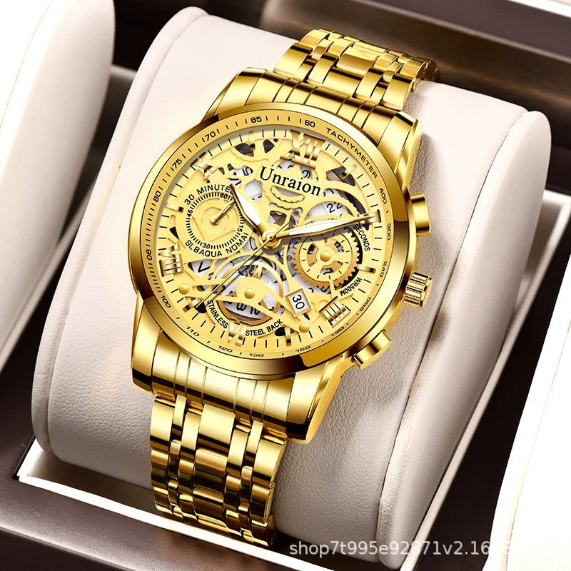 Men's Stainless Steel Business Round Quartz Automatic Watch With Luminous Calendar Waterproof And Hollow Design