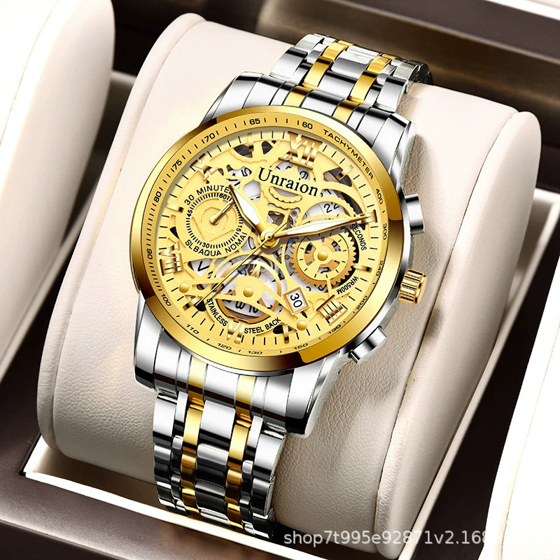 Men's Stainless Steel Business Round Quartz Automatic Watch With Luminous Calendar Waterproof And Hollow Design - Image 2