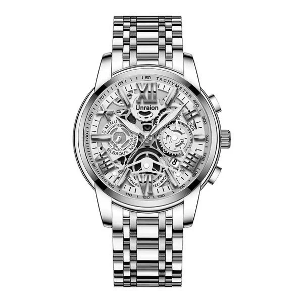 Men's Stainless Steel Business Round Quartz Automatic Watch With Luminous Calendar Waterproof And Hollow Design - Image 9