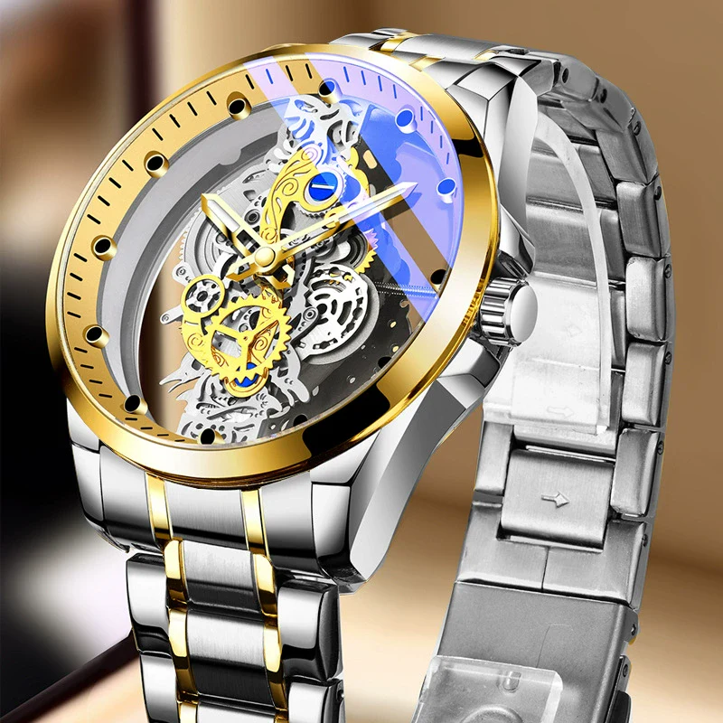 Men's Stainless Steel Doublesided Transparent Hollow Automatic Waterproof Luminous Quartz Watch With Round Dial - Image 5