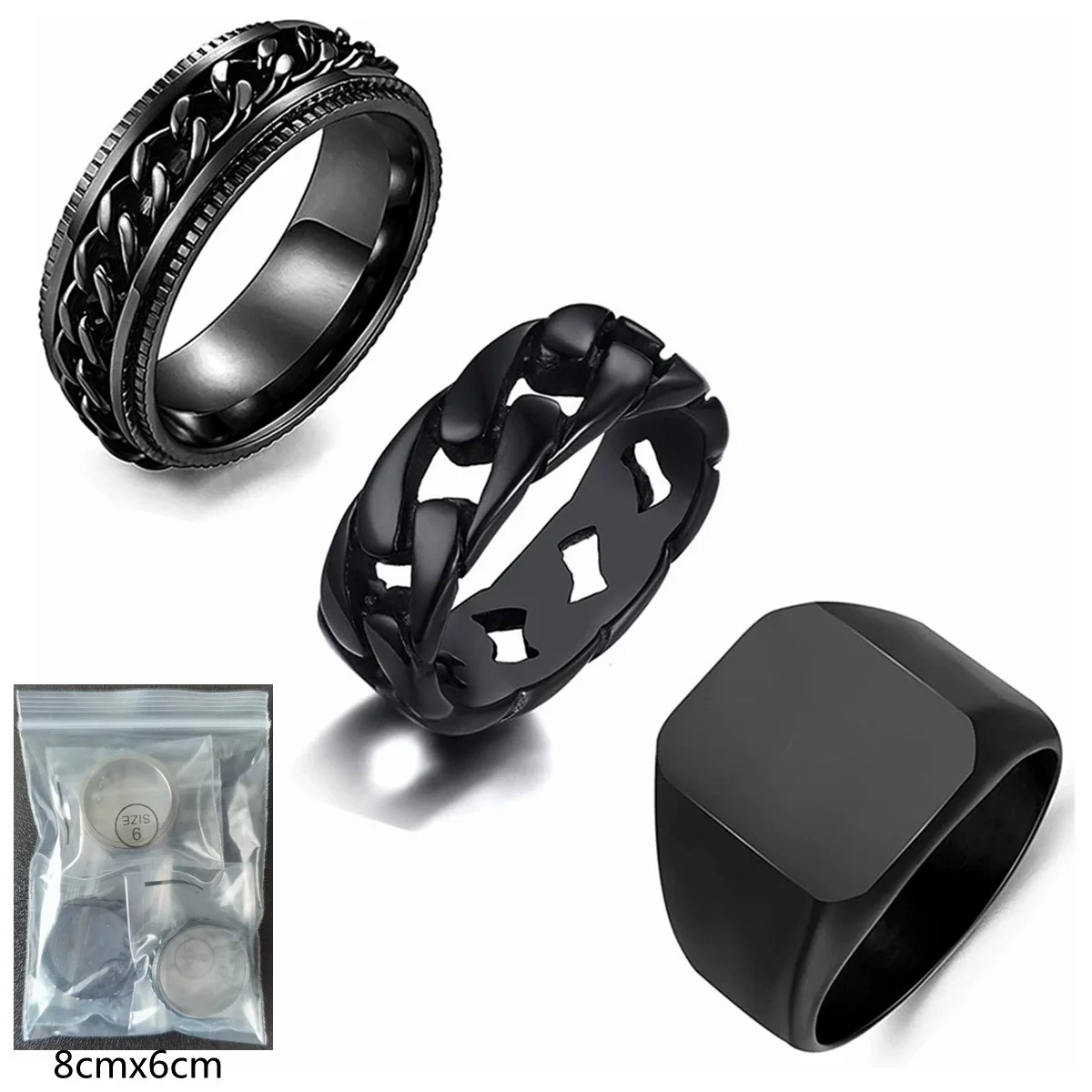 Men's Stainless Steel Geometric Threepiece Jewelry Set With Electroplating Seal Ring Decompression Chain Ring And Turning Ring In Black - Image 6